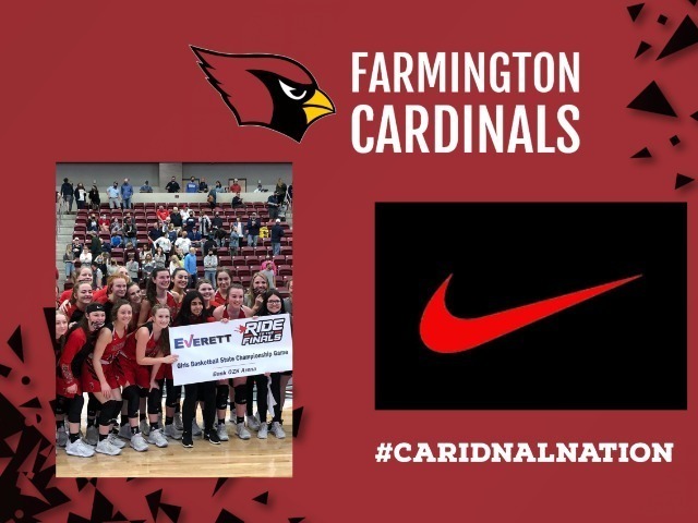 Collage with images of the girls basketball team posing with the state championship banner and the Nike logo