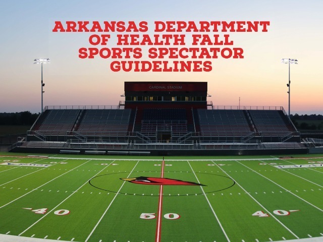 Arkansas Department of Health Fall Sports Spectator Guidelines over image of football field