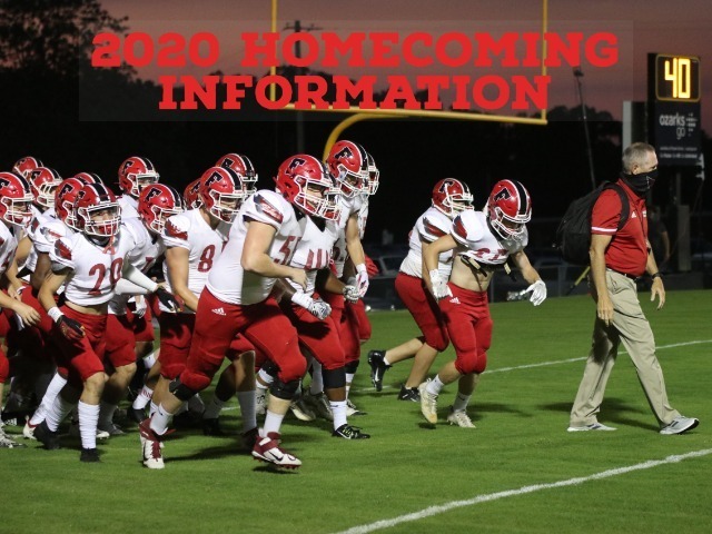 Image of football team with text, "2020 Homecoming Information"