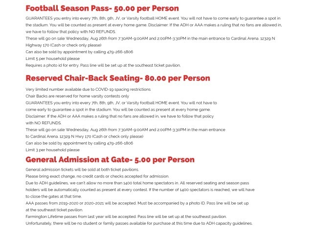 Admission prices for the fall football season identical to the text in the article