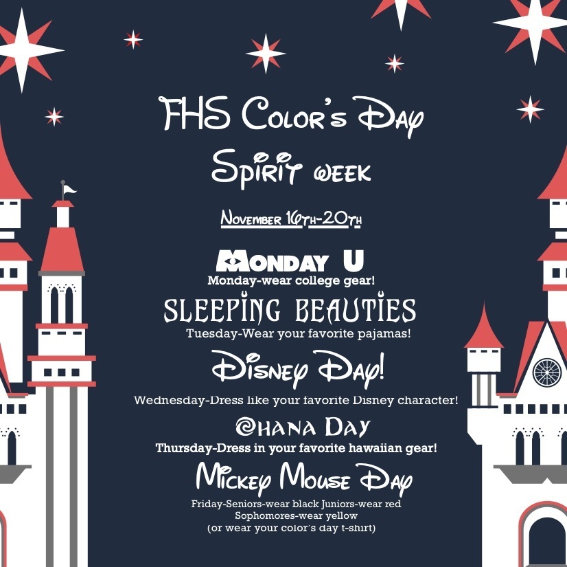 Monday - University gear, Tuesday - PJ day, Wednesday - favorite Disney character, Thursday - Hawaiian gear, Friday - Seniors wear black, juniors wear red, Sophomores wear yellow