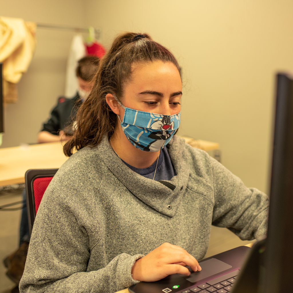 Student sitting and working at a computer