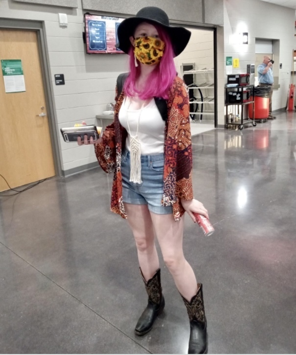 One student in hippy attire