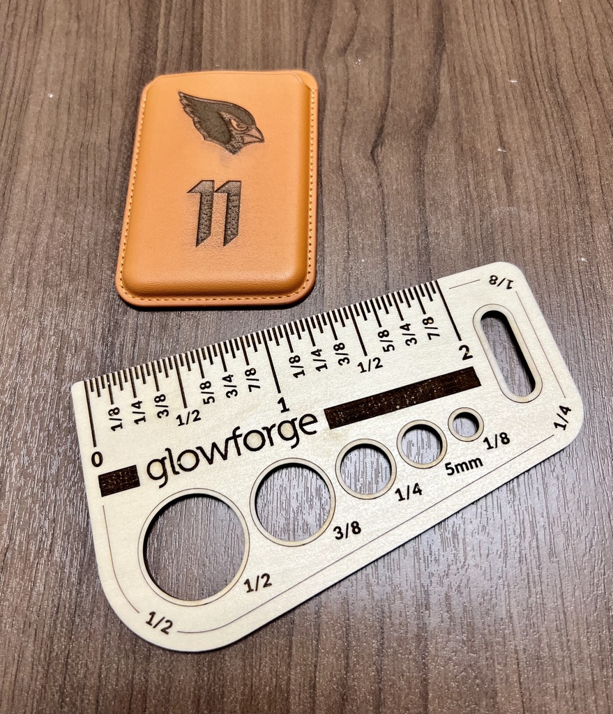 a wallet engraved and a ruler engraved and cut using glowforge
