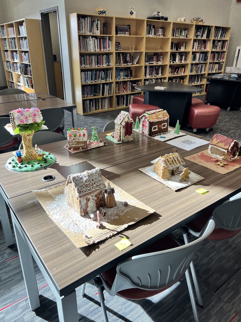 gingerbread houses lined up on tables 