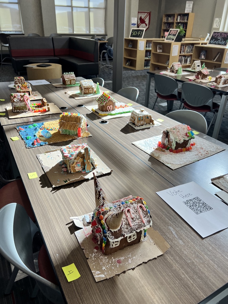 gingerbread houses lined up on tables