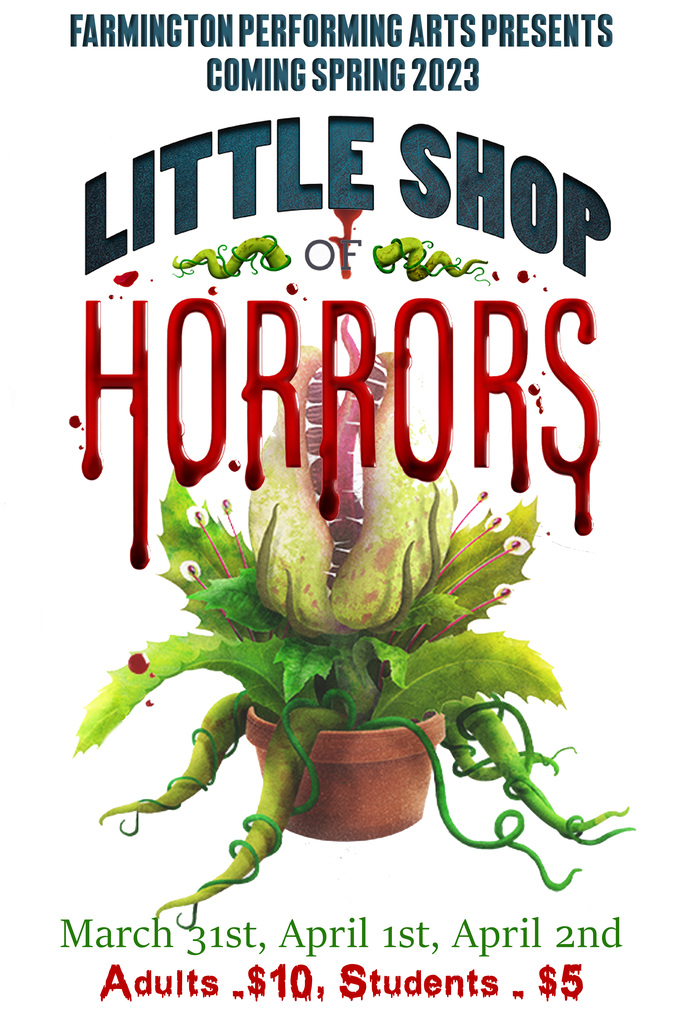 movie poster with Little Shop of Horrors logo. Adult tickets are $10, students are $5