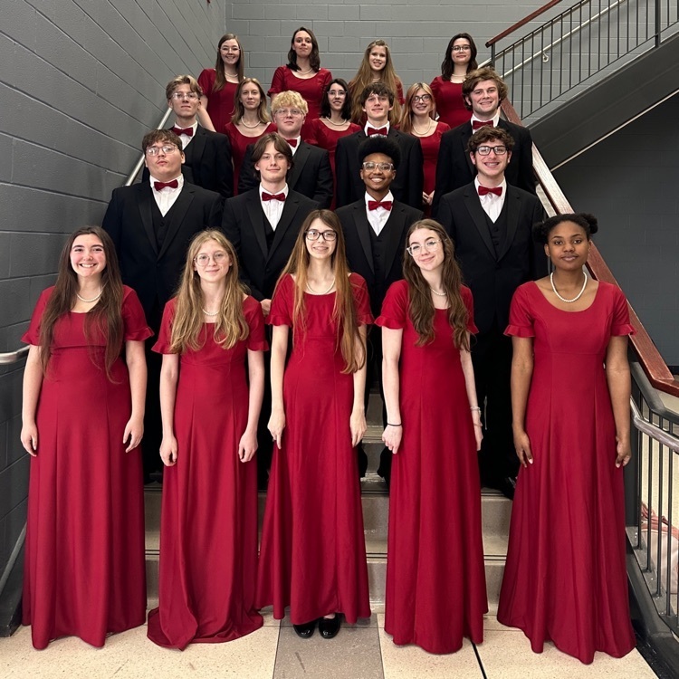 choir students posing in rows on stairs