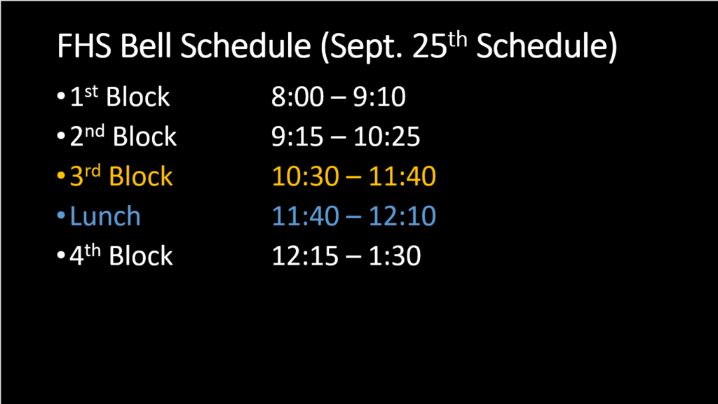 1st block 8-9:10, 2nd block 9:15-10:25, 3rd block 10:30-11:40, lunch 11:40-12:10, 4th block 12:15-1:30